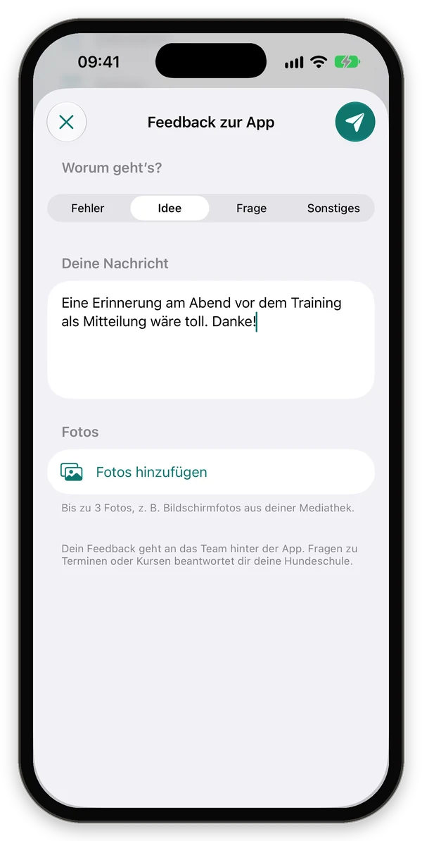 Formular Feedback zur App mit den Themen Fehler, Idee, Frage, Sonstiges und einer eingegebenen Nachricht
