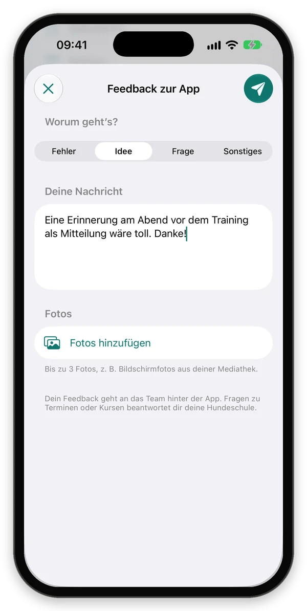 Formular Feedback zur App mit den Themen Fehler, Idee, Frage, Sonstiges und einer eingegebenen Nachricht