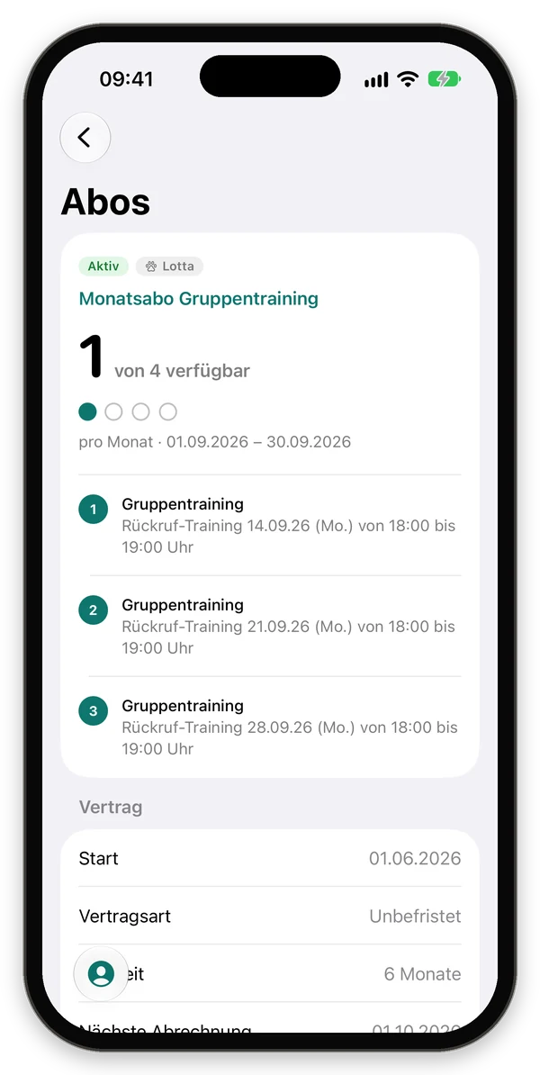 Monatsabo Gruppentraining mit 1 von 4 verfügbar und den Vertragsdaten
