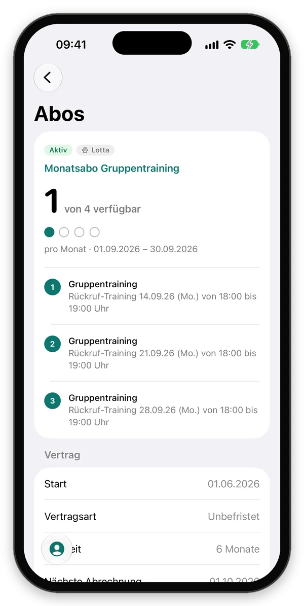 Monatsabo Gruppentraining mit 1 von 4 verfügbar und den Vertragsdaten