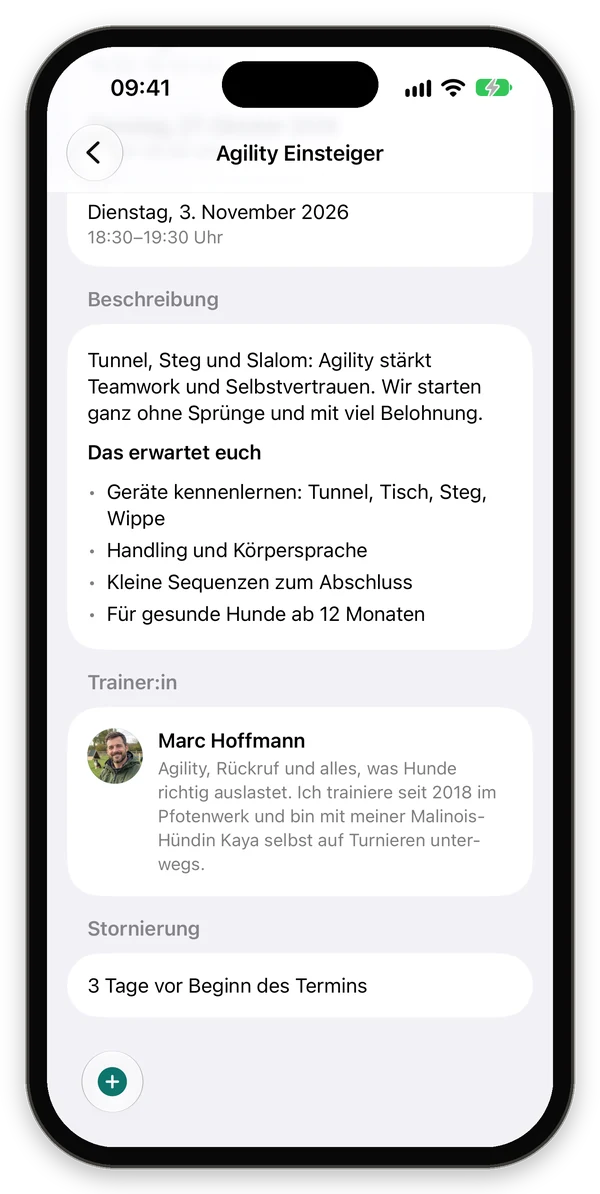 Kursbeschreibung mit Inhalten, Trainer und Stornobedingungen