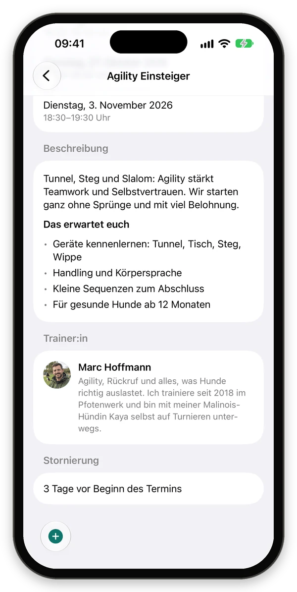 Kursbeschreibung mit Inhalten, Trainer und Stornobedingungen