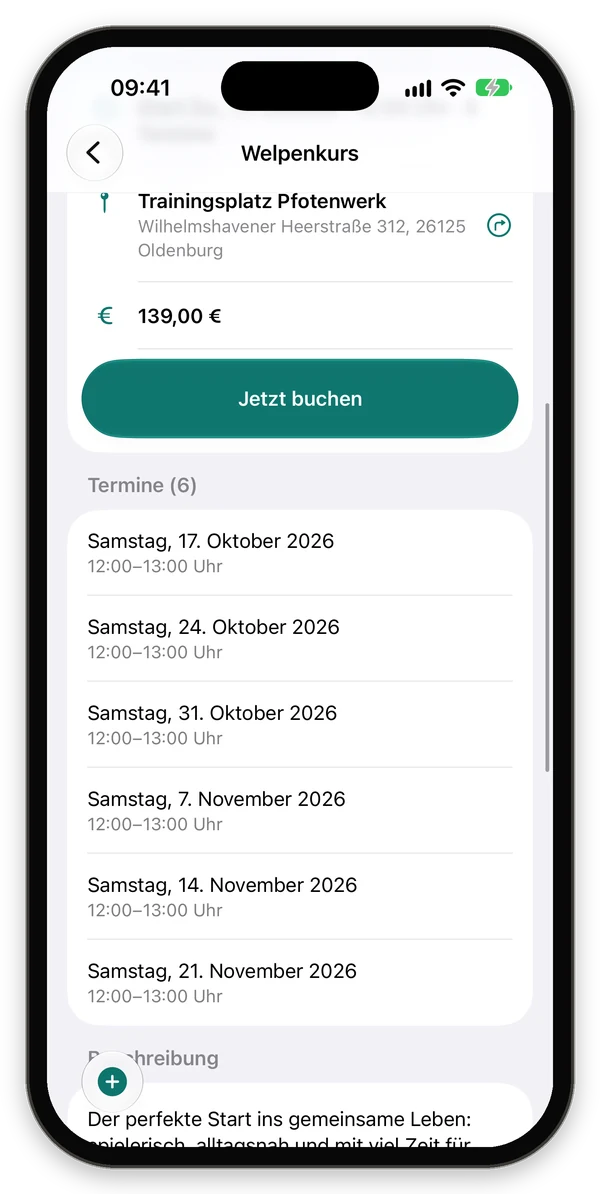 Welpenkurs mit Startdatum, Ort, Preis, Jetzt buchen und allen sechs Terminen
