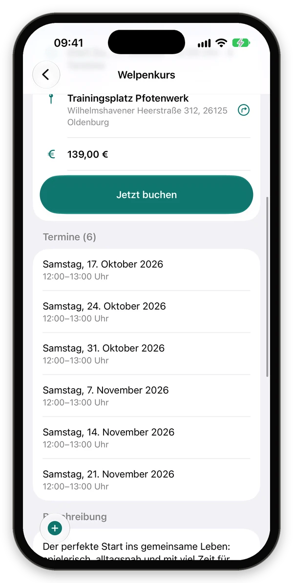 Welpenkurs mit Startdatum, Ort, Preis, Jetzt buchen und allen sechs Terminen