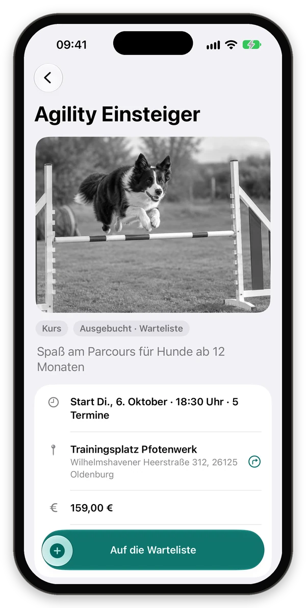 Kurs Agility Einsteiger, ausgebucht, mit der Schaltfläche Auf die Warteliste