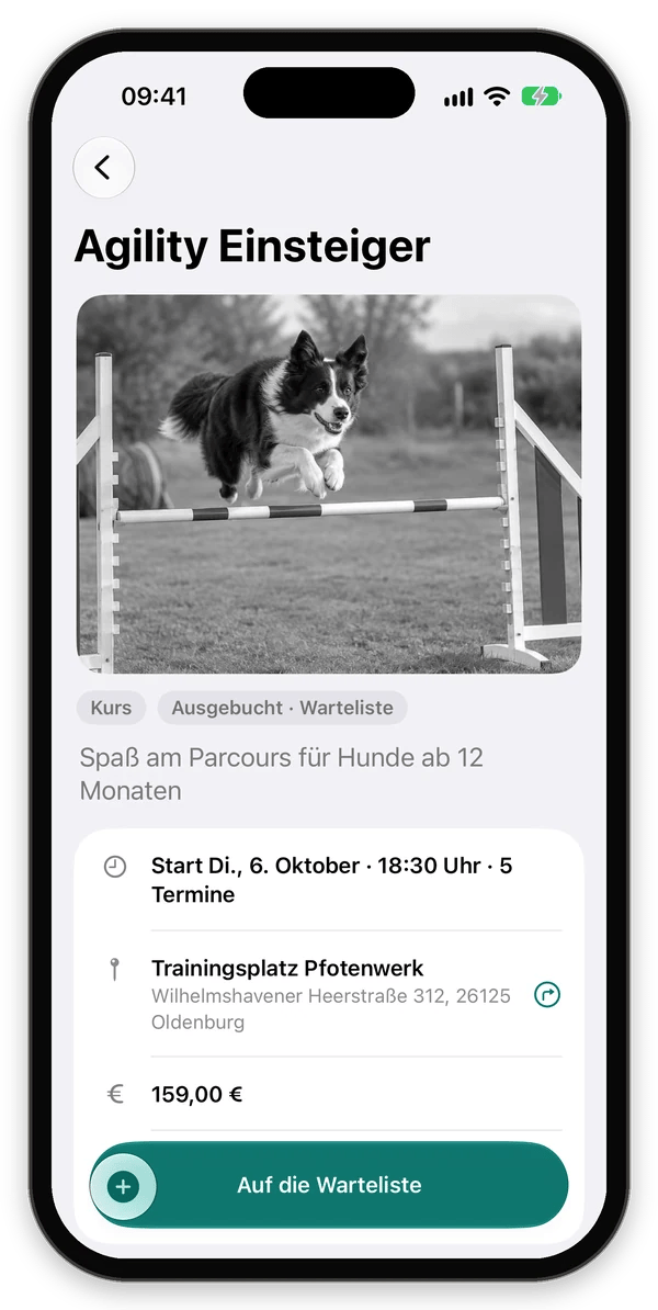 Kurs Agility Einsteiger, ausgebucht, mit der Schaltfläche Auf die Warteliste