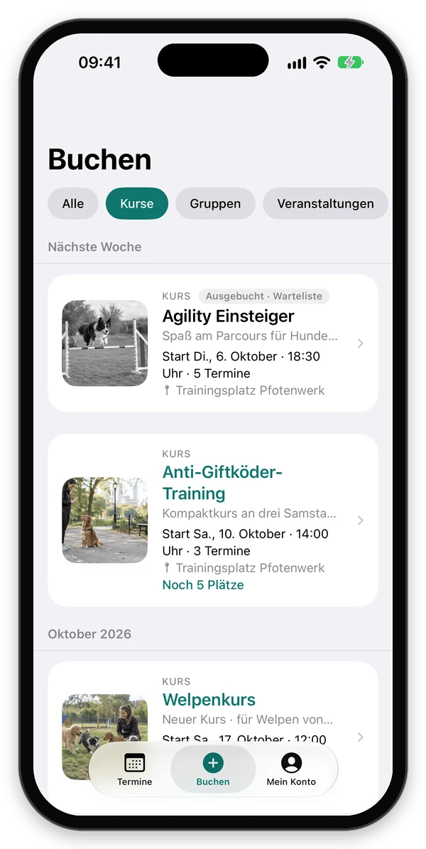 Liste der Kurse mit Foto, Startdatum, Ort und freien Plätzen