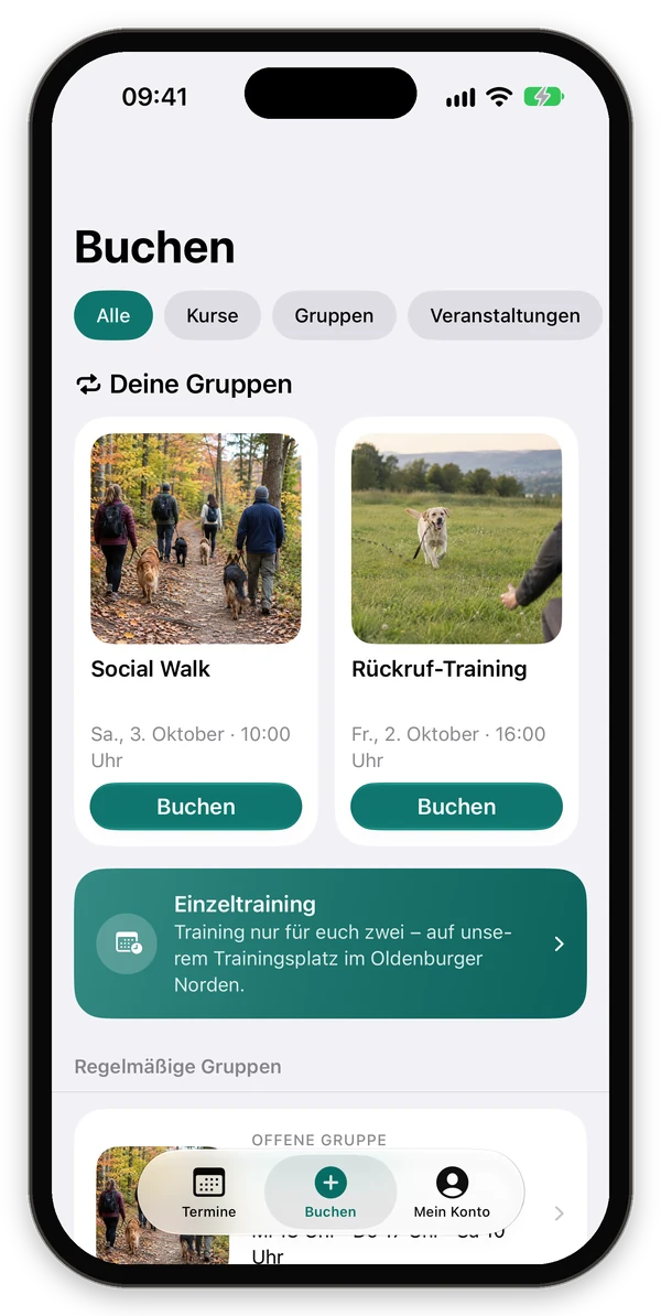 Bereich Buchen mit Filtern, deinen Gruppen und Einzeltraining