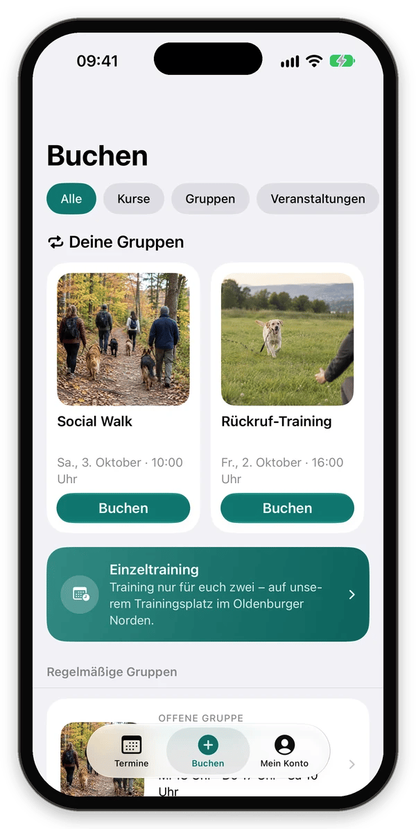 Bereich Buchen mit Filtern, deinen Gruppen und Einzeltraining