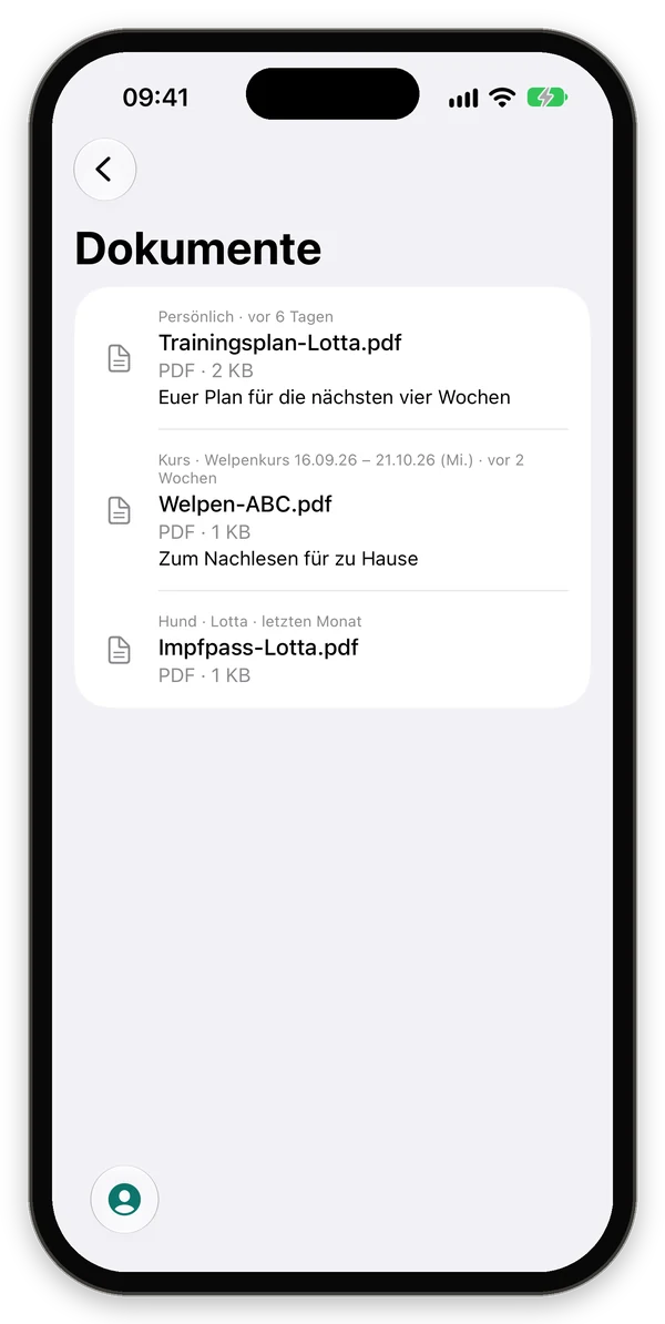 Dokumente wie Trainingsplan, Welpen-ABC und Impfpass