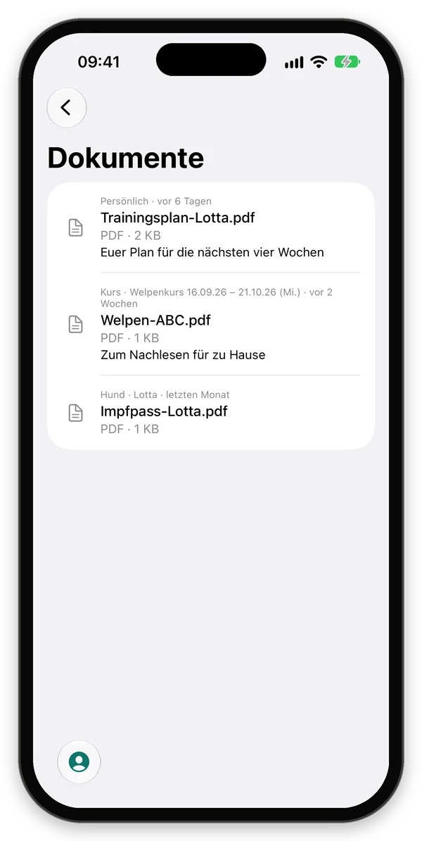 Dokumente wie Trainingsplan, Welpen-ABC und Impfpass