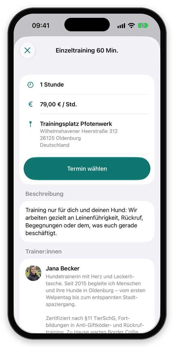 Einzeltraining 60 Minuten mit Preis, Ort, Termin wählen und Beschreibung der Trainerin