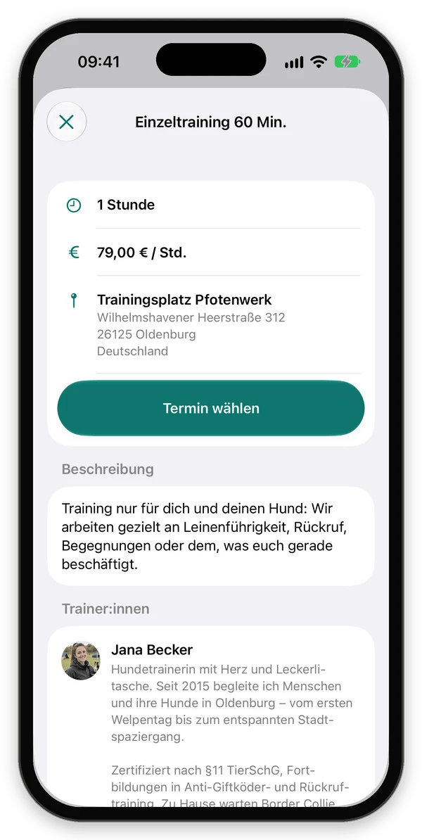 Einzeltraining 60 Minuten mit Preis, Ort, Termin wählen und Beschreibung der Trainerin