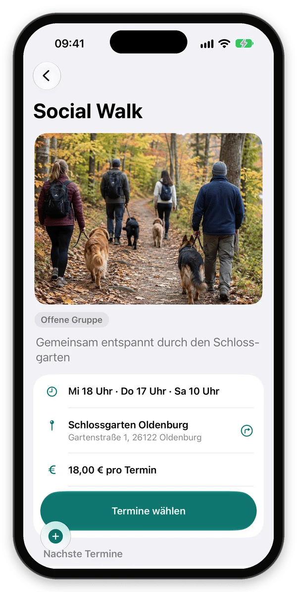 Offene Gruppe Social Walk mit festen Zeiten, Treffpunkt, Preis pro Termin und Termine wählen