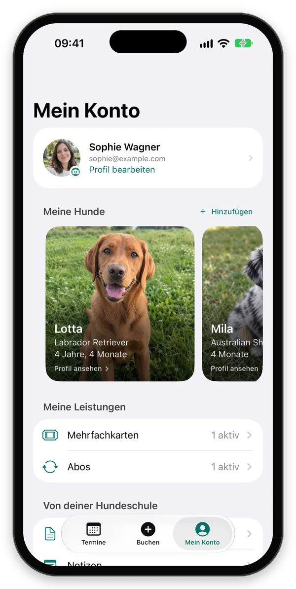 Mein Konto mit Profil, Meine Hunde, Mehrfachkarten und Abos