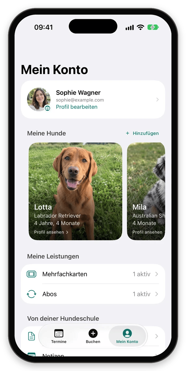Mein Konto mit Profil, Meine Hunde, Mehrfachkarten und Abos