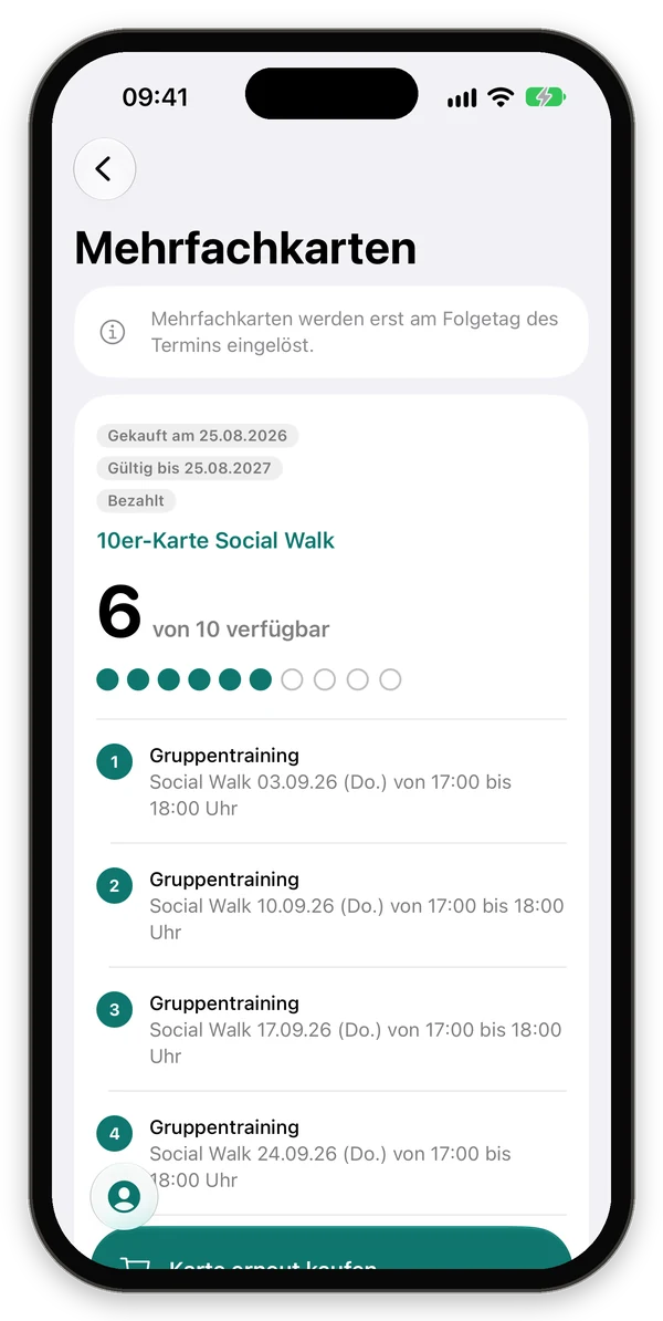 10er-Karte Social Walk mit 6 von 10 verfügbar und den eingelösten Terminen