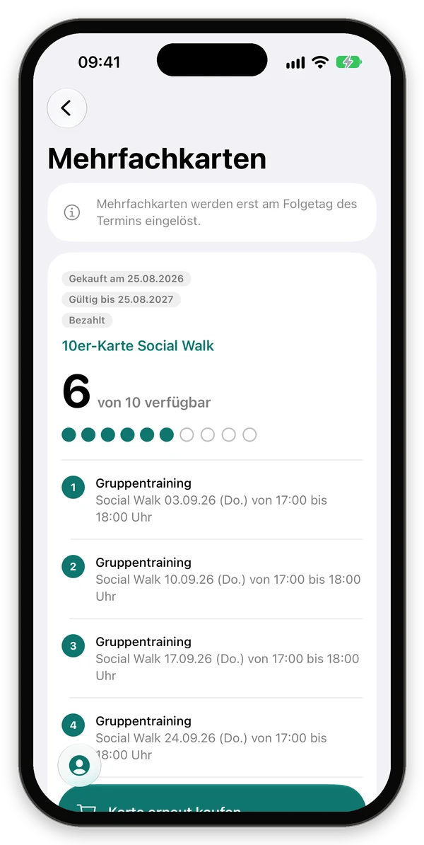 10er-Karte Social Walk mit 6 von 10 verfügbar und den eingelösten Terminen