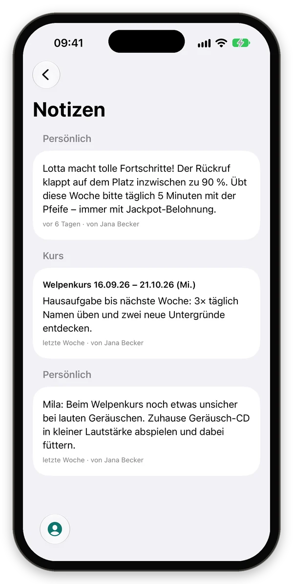 Notizen der Trainerin, persönlich und zum Kurs