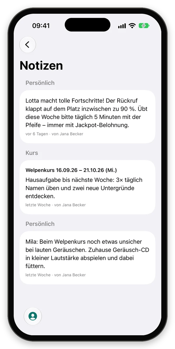 Notizen der Trainerin, persönlich und zum Kurs