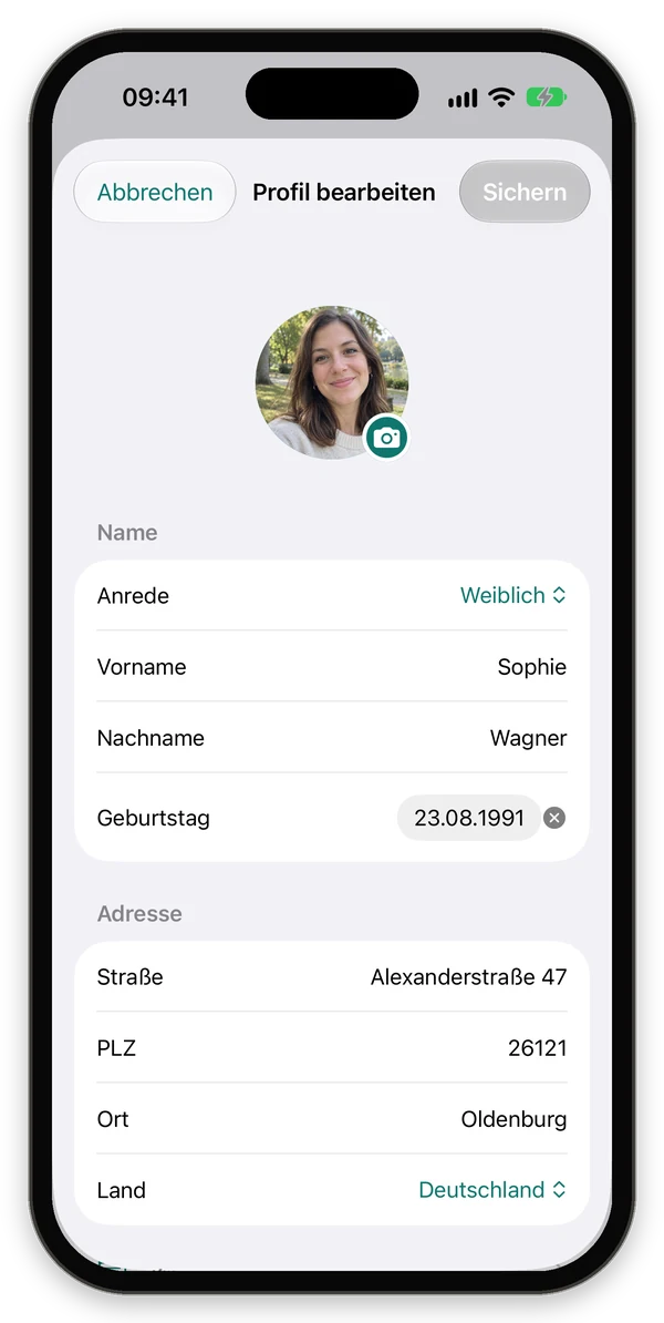 Profil bearbeiten mit Profilbild, Name, Geburtstag und Adresse