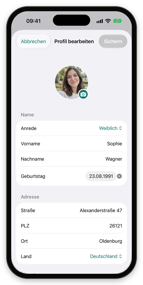 Profil bearbeiten mit Profilbild, Name, Geburtstag und Adresse