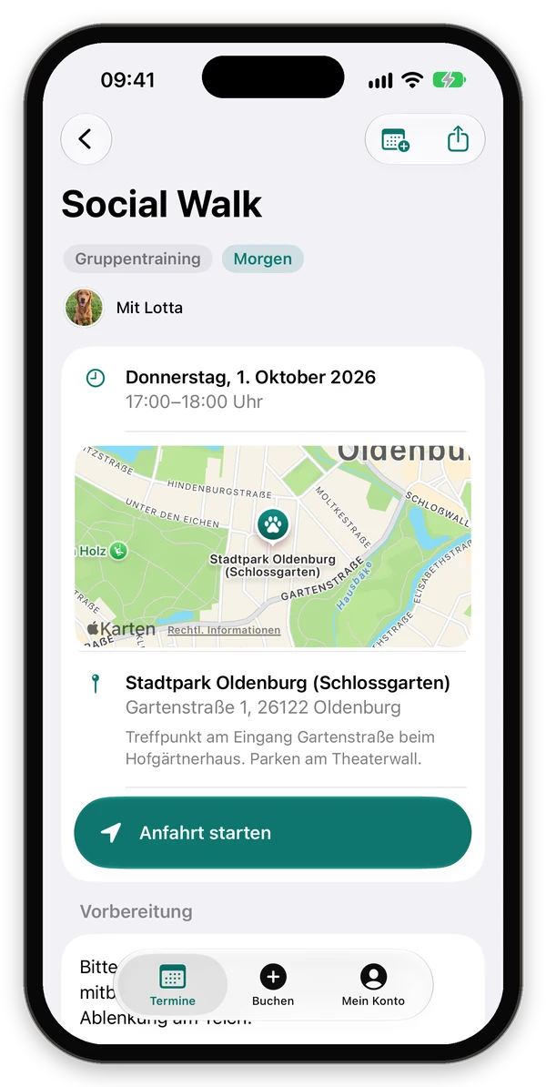 Termin-Detail mit Uhrzeit, Ort auf der Karte und Schaltfläche Anfahrt