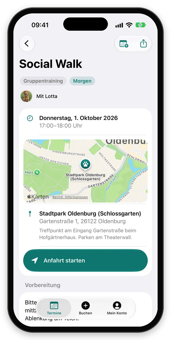 Termin-Detail mit Uhrzeit, Ort auf der Karte und Schaltfläche Anfahrt