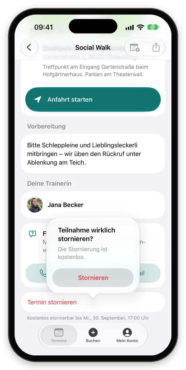 Rückfrage Teilnahme wirklich stornieren mit dem Hinweis Die Stornierung ist kostenlos
