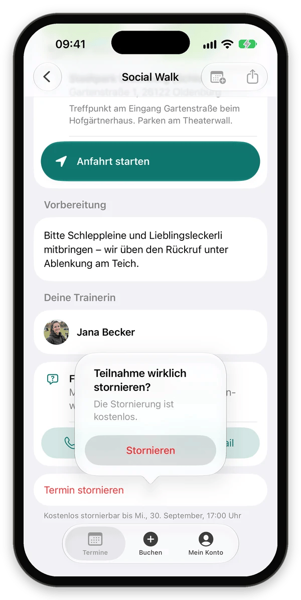 Rückfrage Teilnahme wirklich stornieren mit dem Hinweis Die Stornierung ist kostenlos