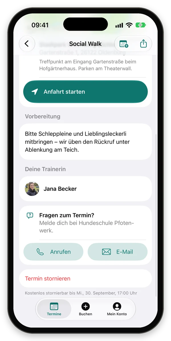 Termin-Detail mit Vorbereitung, Trainerin, Kontakt und Termin stornieren