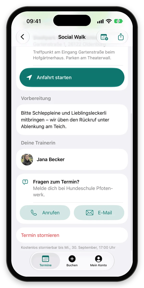 Termin-Detail mit Vorbereitung, Trainerin, Kontakt und Termin stornieren
