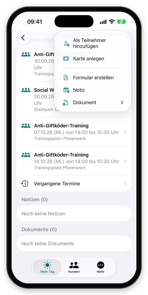 Menü mit Als Teilnehmer hinzufügen, Karte anlegen, Formular erstellen, Notiz und Dokument