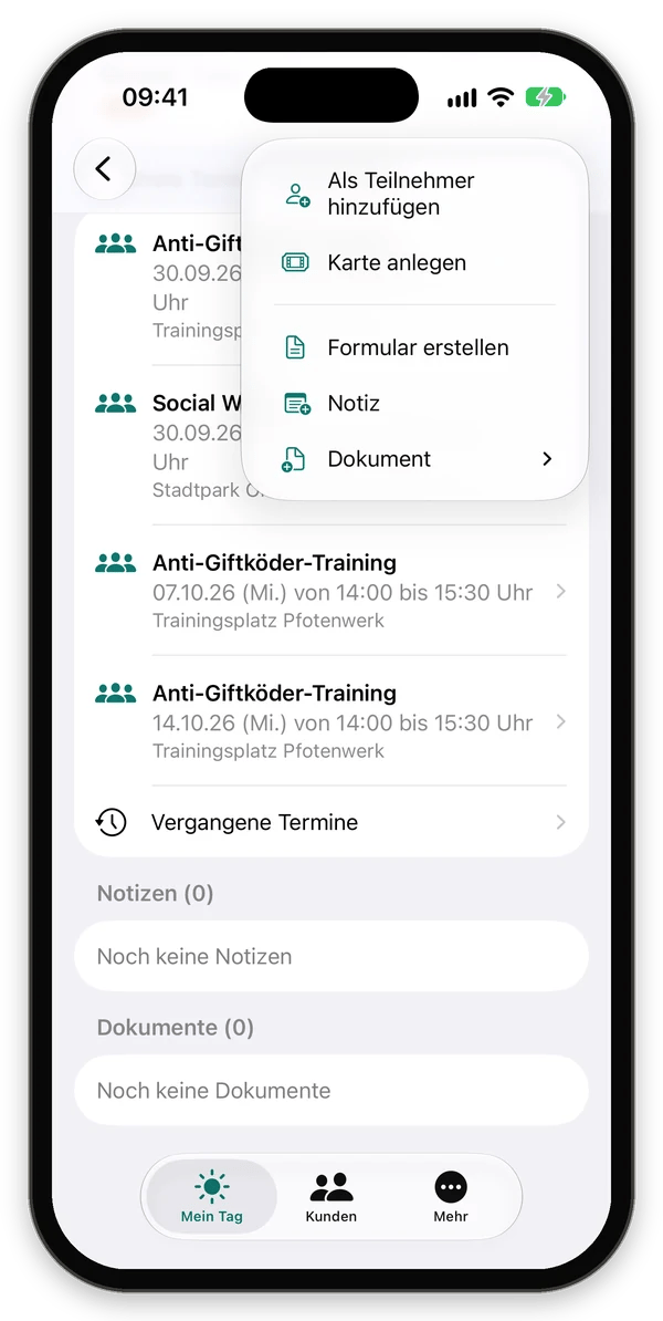Menü mit Als Teilnehmer hinzufügen, Karte anlegen, Formular erstellen, Notiz und Dokument