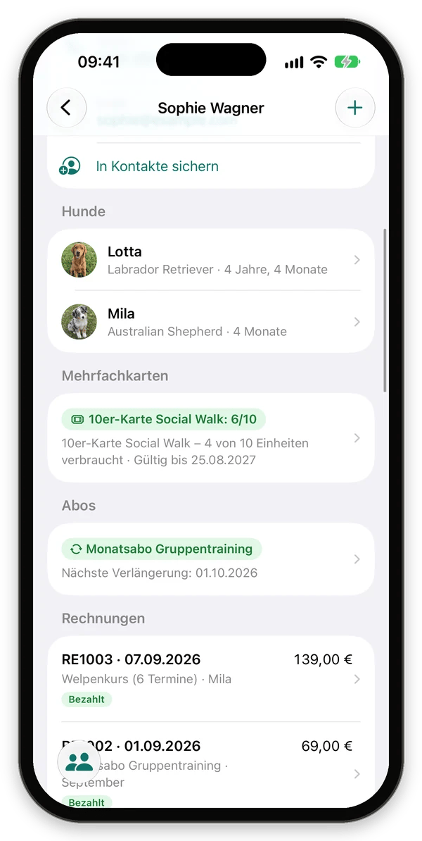 Kundenprofil mit Hunden, Mehrfachkarten, Abos und Rechnungen