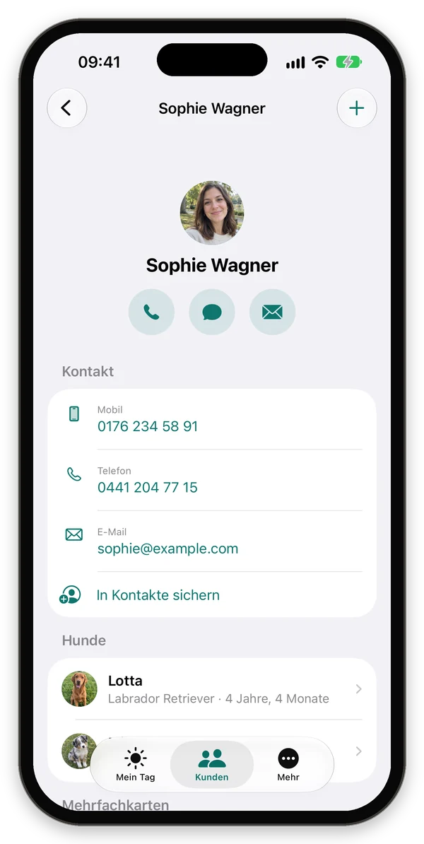 Kundenprofil Sophie Wagner mit Anrufen, Nachricht, E-Mail und Kontaktdaten