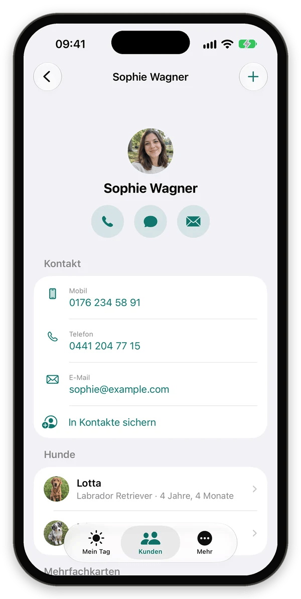 Kundenprofil Sophie Wagner mit Anrufen, Nachricht, E-Mail und Kontaktdaten