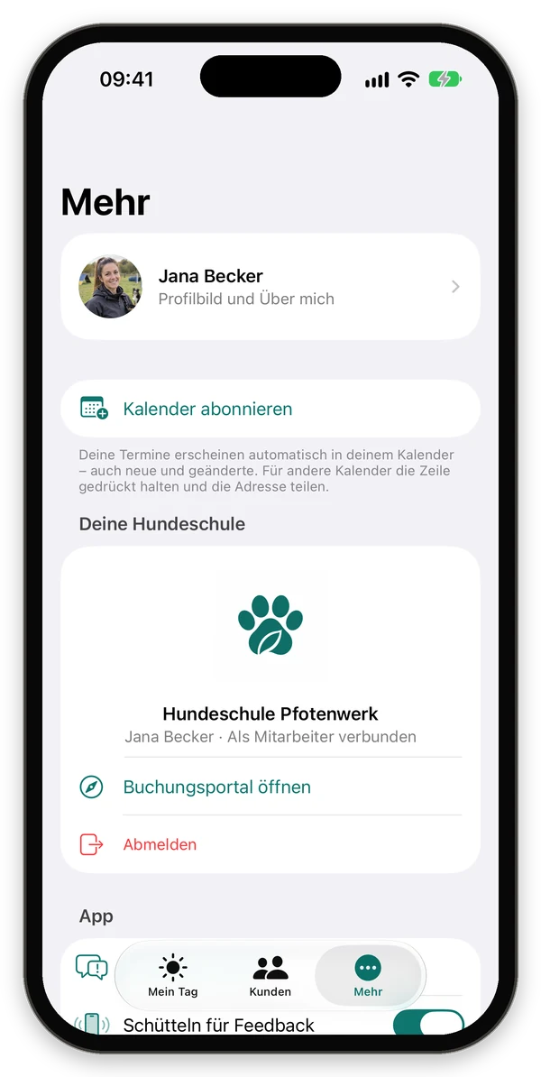 Bereich Mehr mit Profil, Kalender abonnieren, Deine Hundeschule und App