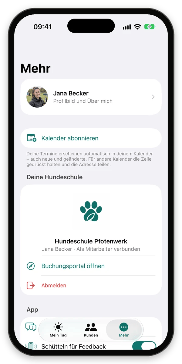 Bereich Mehr mit Profil, Kalender abonnieren, Deine Hundeschule und App