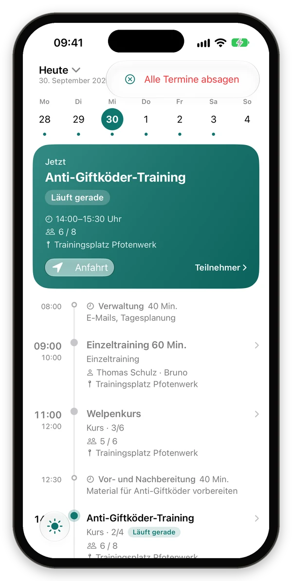 Menü mit dem Eintrag Alle Termine absagen