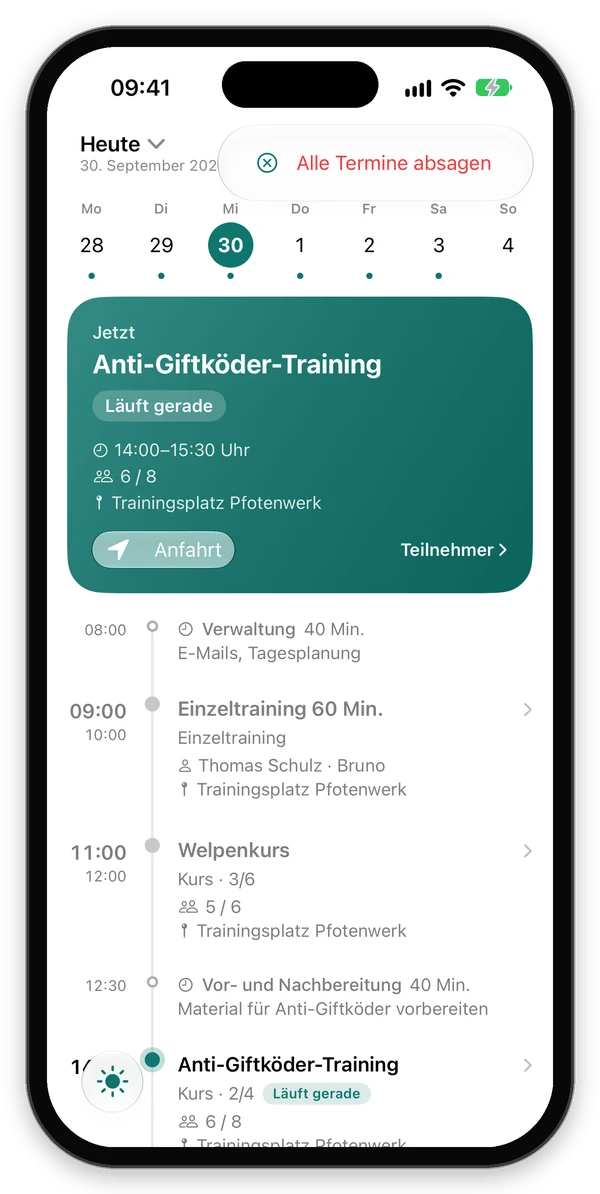 Menü mit dem Eintrag Alle Termine absagen
