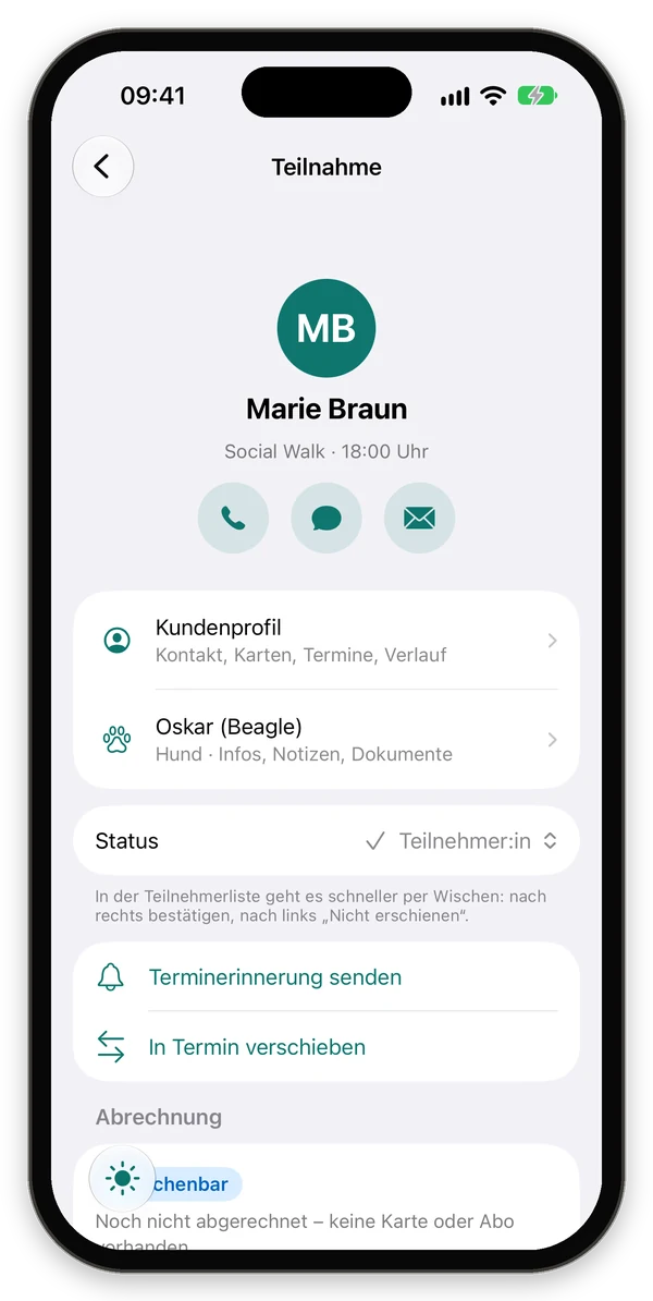 Teilnahme von Marie Braun mit Anrufen, Nachricht, E-Mail, Kundenprofil, Hund, Status, Terminerinnerung und In Termin verschieben