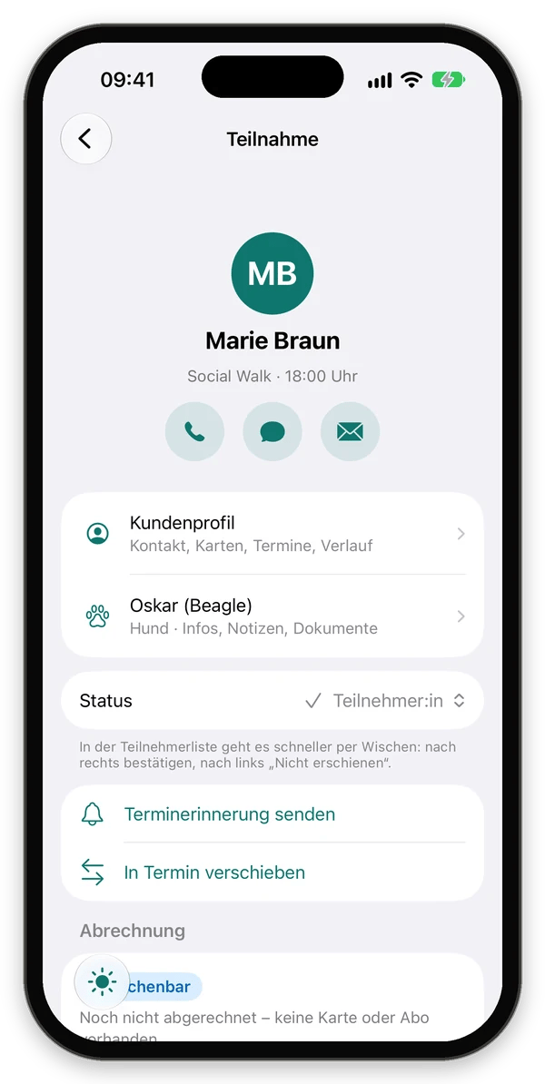 Teilnahme von Marie Braun mit Anrufen, Nachricht, E-Mail, Kundenprofil, Hund, Status, Terminerinnerung und In Termin verschieben
