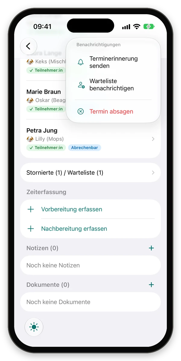 Menü mit Terminerinnerung senden, Warteliste benachrichtigen und Termin absagen