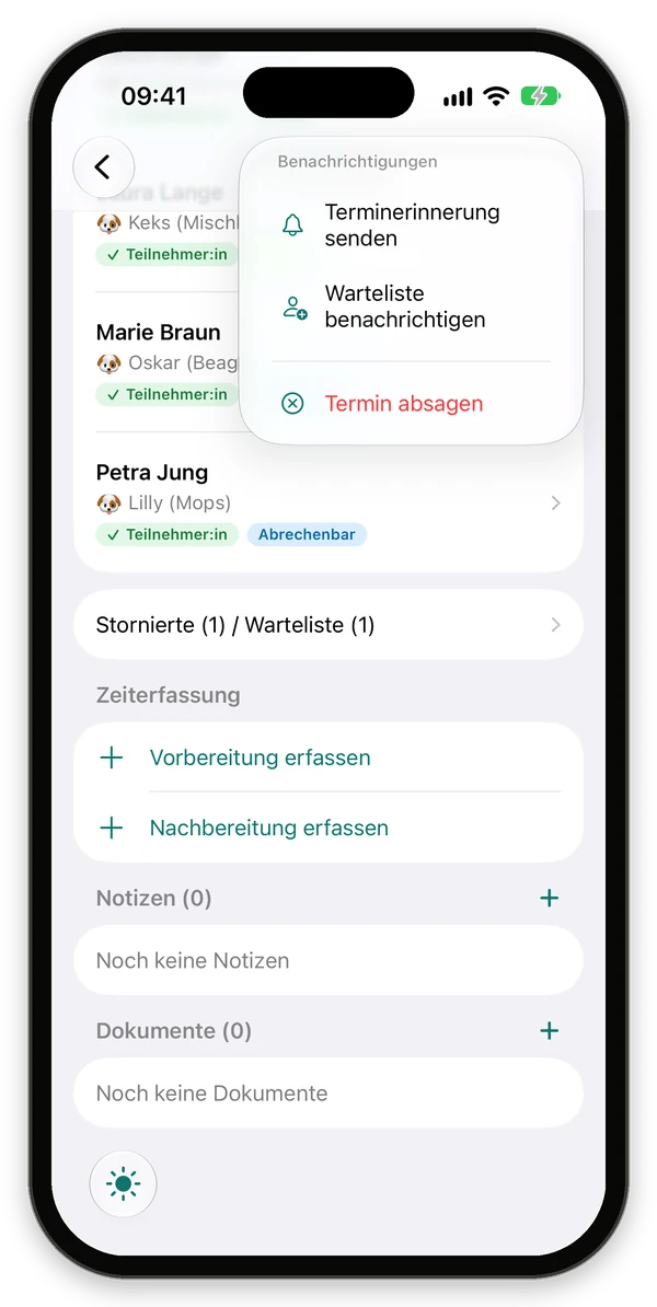 Menü mit Terminerinnerung senden, Warteliste benachrichtigen und Termin absagen