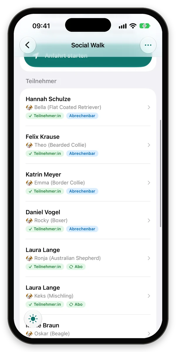Termin-Detail für Trainer:innen mit Teilnehmerliste und Anwesenheit
