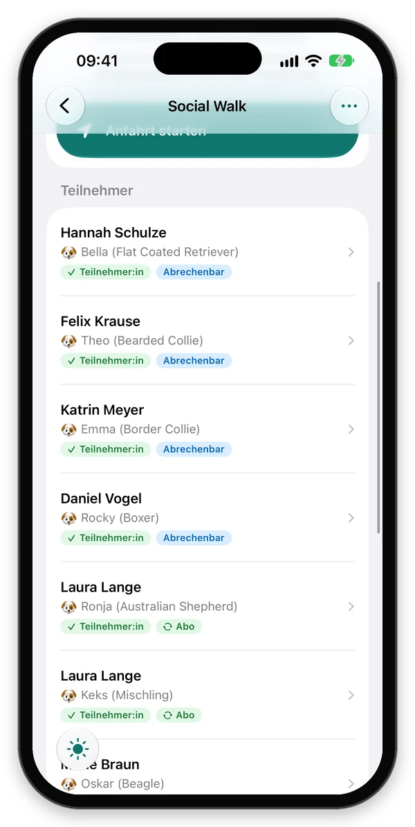 Termin-Detail für Trainer:innen mit Teilnehmerliste und Anwesenheit