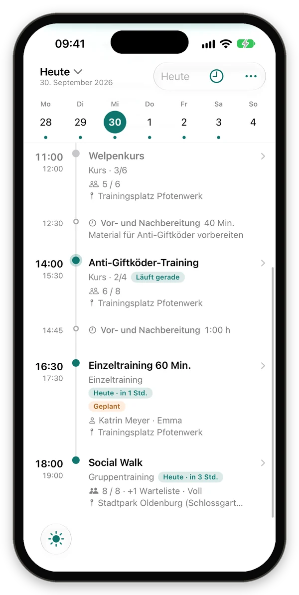 Zeitleiste mit Kurs, Vor- und Nachbereitung, laufendem Termin, Einzeltraining und vollem Social Walk