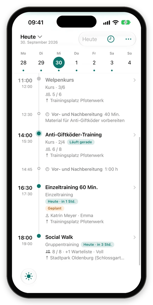 Zeitleiste mit Kurs, Vor- und Nachbereitung, laufendem Termin, Einzeltraining und vollem Social Walk