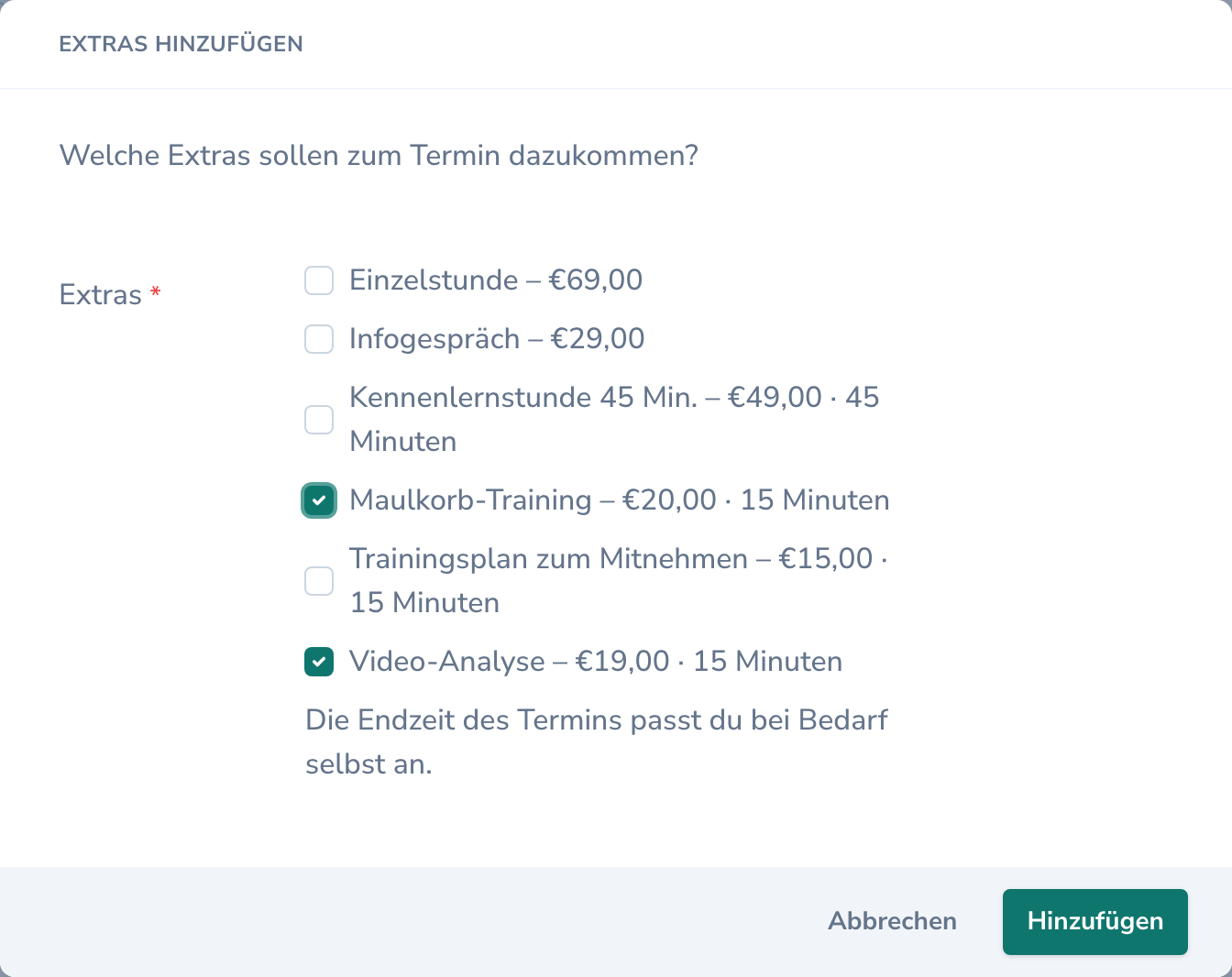 Fenster „Extras hinzufügen“ mit Maulkorb-Training und Video-Analyse angehakt